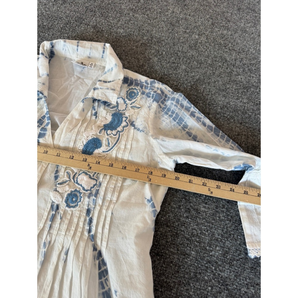 Parsley & Sage Womens Boho Tie Dye Embroidered Button Front Blouse White Blue M - Picture 8 of 12